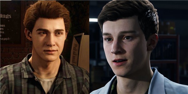 Solda John Bubniak yüz modellemesi ile Peter Parker, sağda ise aynı seslendirmeyle Marvel's Spider-Man Remastered'da yenilenmiş olan, Ben Jordan'ın yüz modellemesi ile Peter Parker bulunuyor.