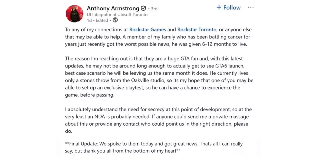 Anthony Armstrong GTA 6 LinkedIn paylaşımı