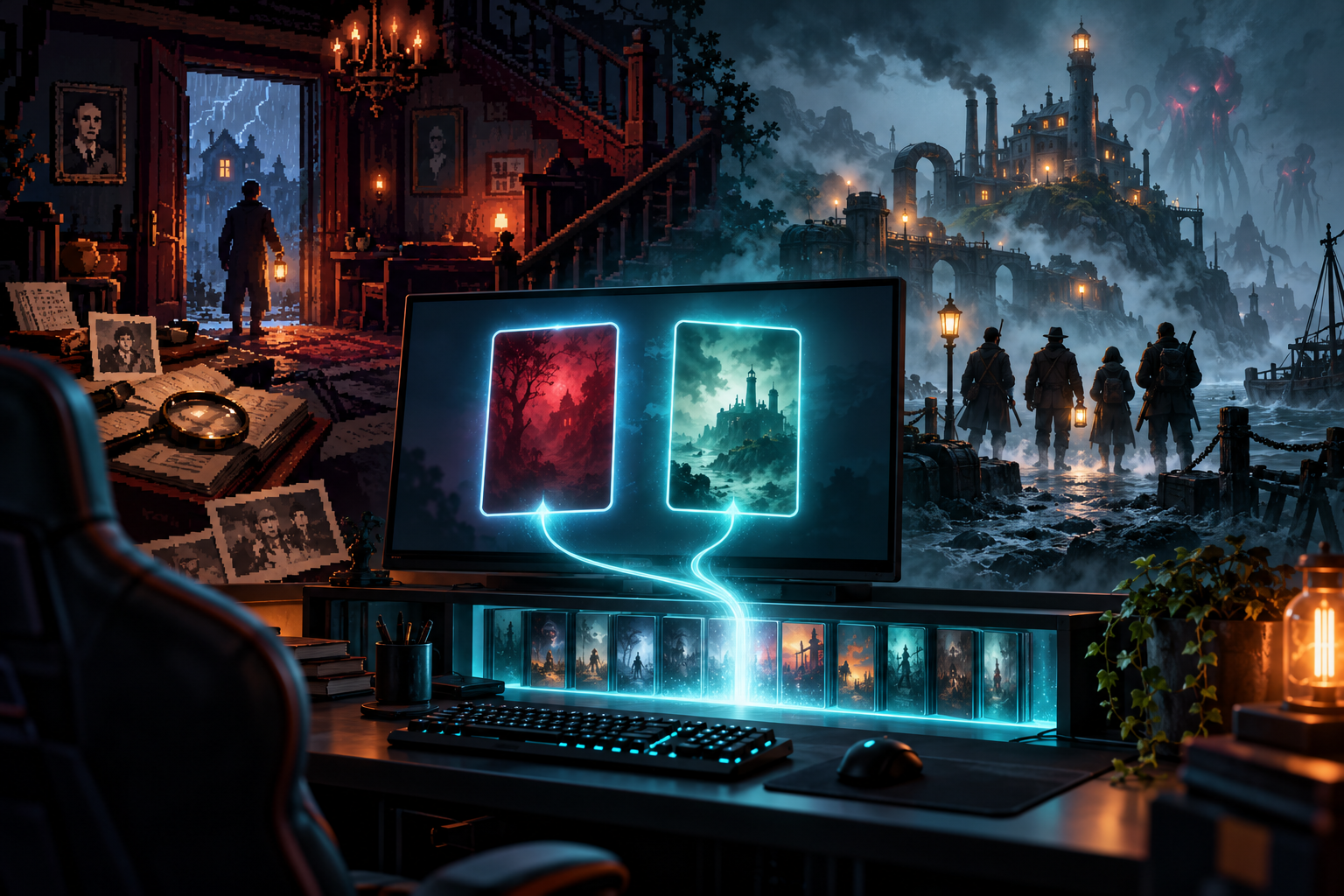 Epic Games'te &uuml;cretsiz sunulan Home ve Sker Ritual oyunlarını temsil eden korku temalı g&ouml;rsel