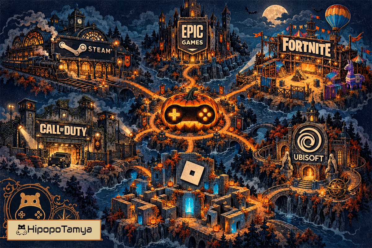 Steam, Epic Games, Fortnite, Call of Duty, Roblox ve Ubisoft b&ouml;lgelerinden oluşan Cadılar Bayramı oyun etkinliği haritası