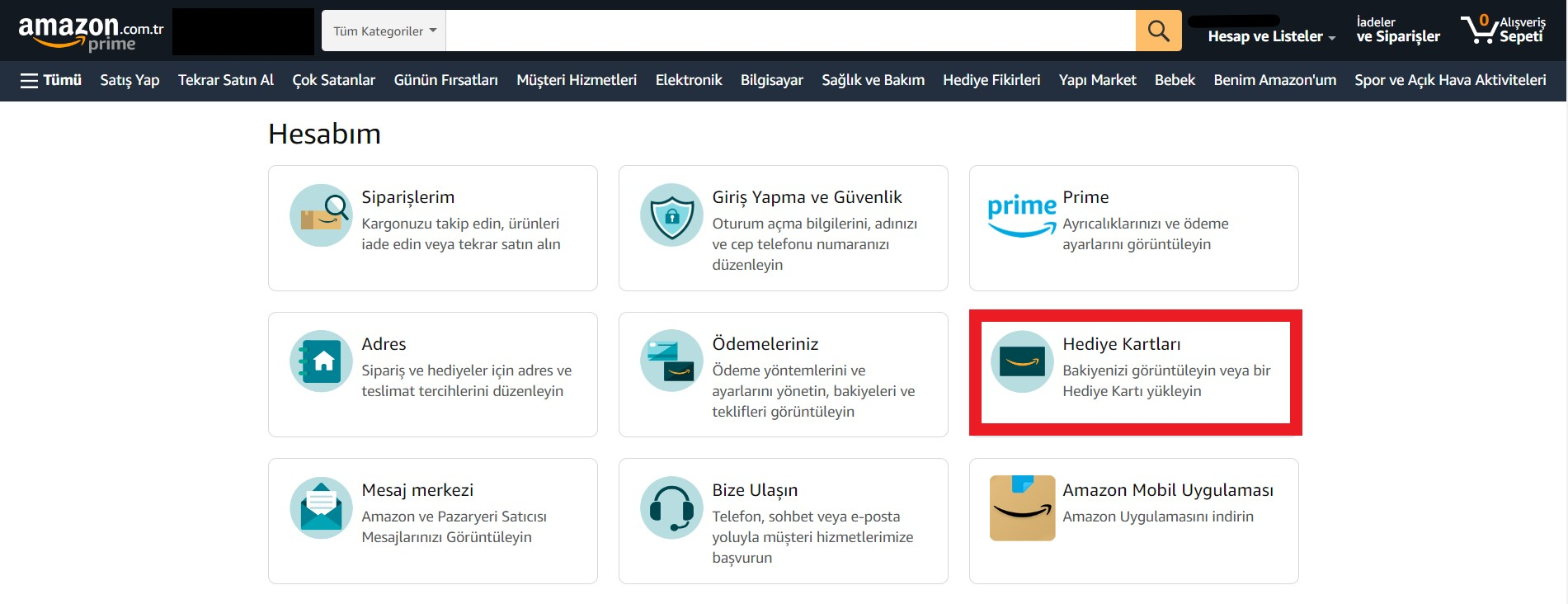 Amazon gift card menüsü